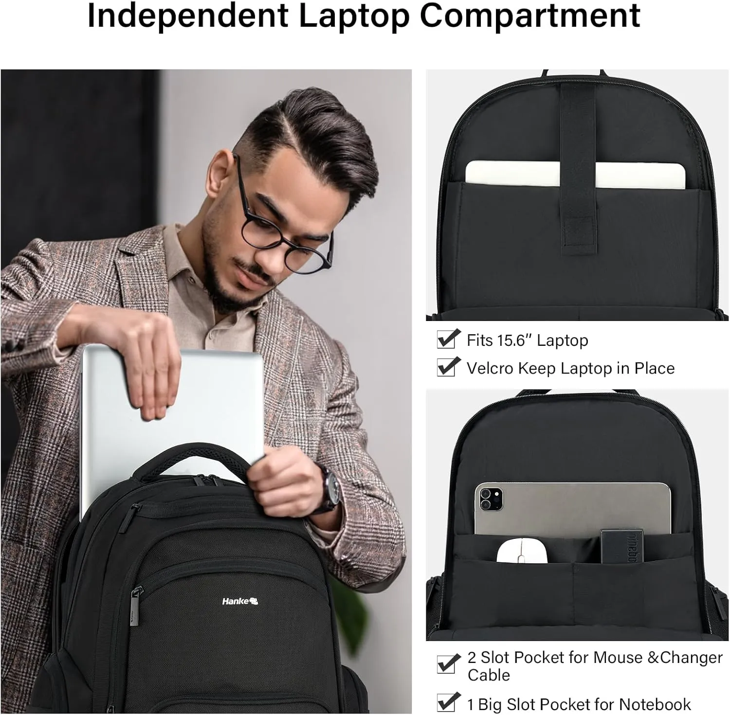 Hanke 18 Inch Travel Laptop Backpack for Women Men, Multi Pockets Personal Item Backpack 18x14x8 Airline Approved, Lightweight Work Backpack with Luggage Strap, Overnight Weekender Bag(Black)