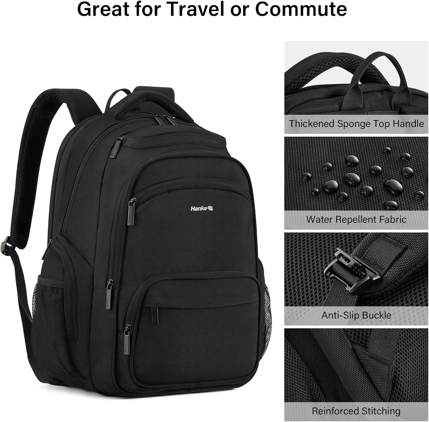 Hanke 18 Inch Travel Laptop Backpack for Women Men, Multi Pockets Personal Item Backpack 18x14x8 Airline Approved, Lightweight Work Backpack with Luggage Strap, Overnight Weekender Bag(Black)