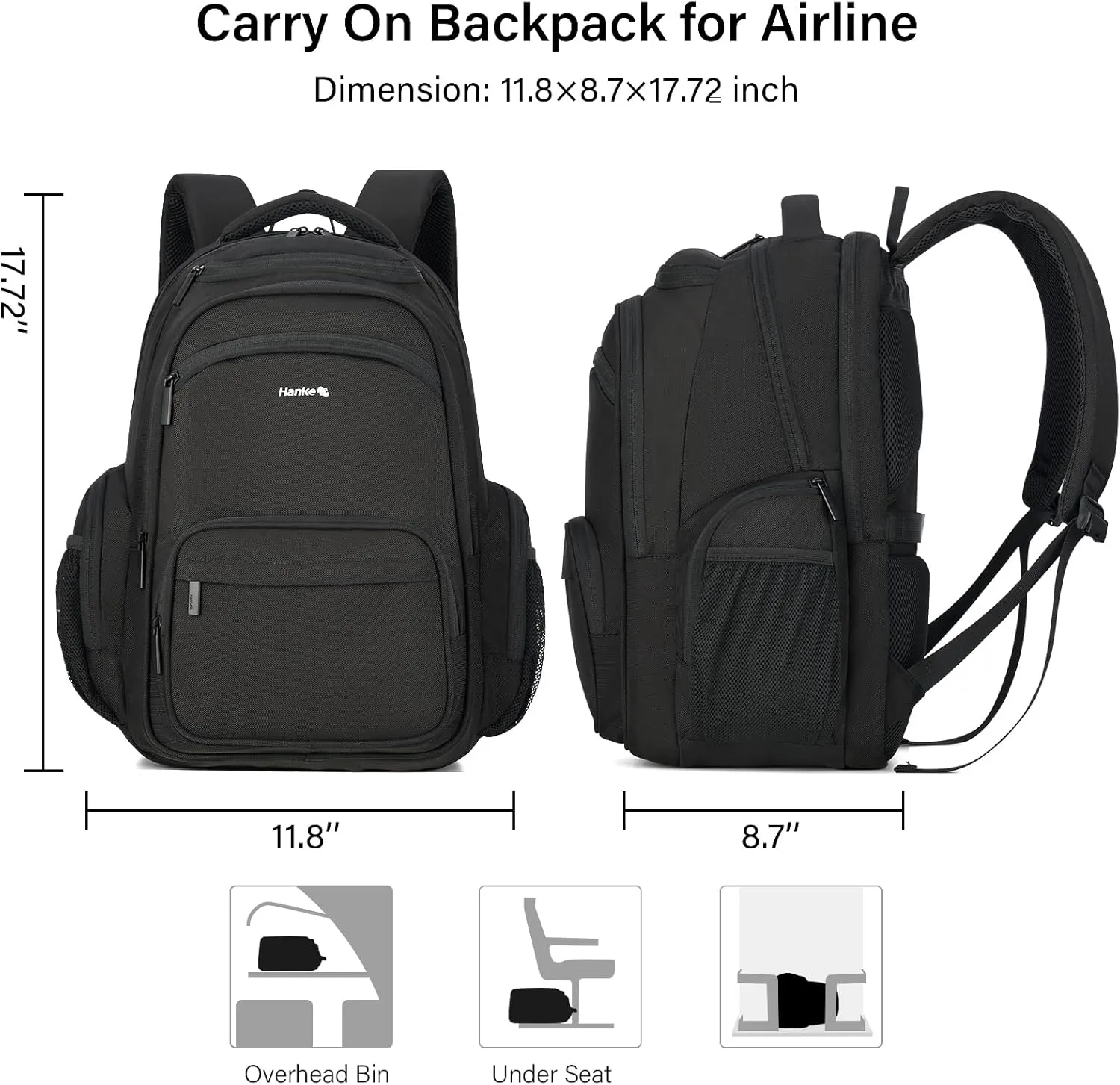 Hanke 18 Inch Travel Laptop Backpack for Women Men, Multi Pockets Personal Item Backpack 18x14x8 Airline Approved, Lightweight Work Backpack with Luggage Strap, Overnight Weekender Bag(Black)