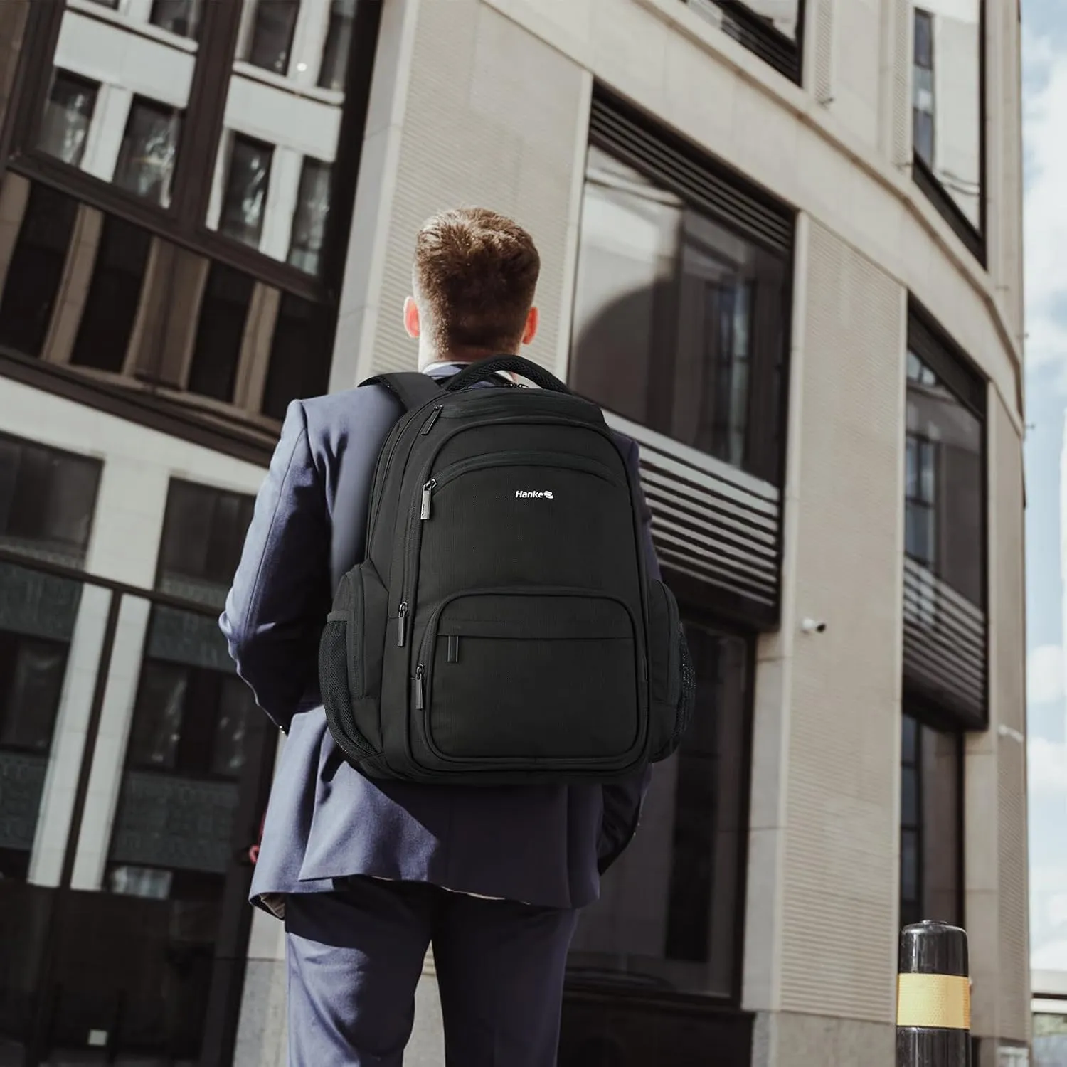 Hanke 18 Inch Travel Laptop Backpack for Women Men, Multi Pockets Personal Item Backpack 18x14x8 Airline Approved, Lightweight Work Backpack with Luggage Strap, Overnight Weekender Bag(Black)
