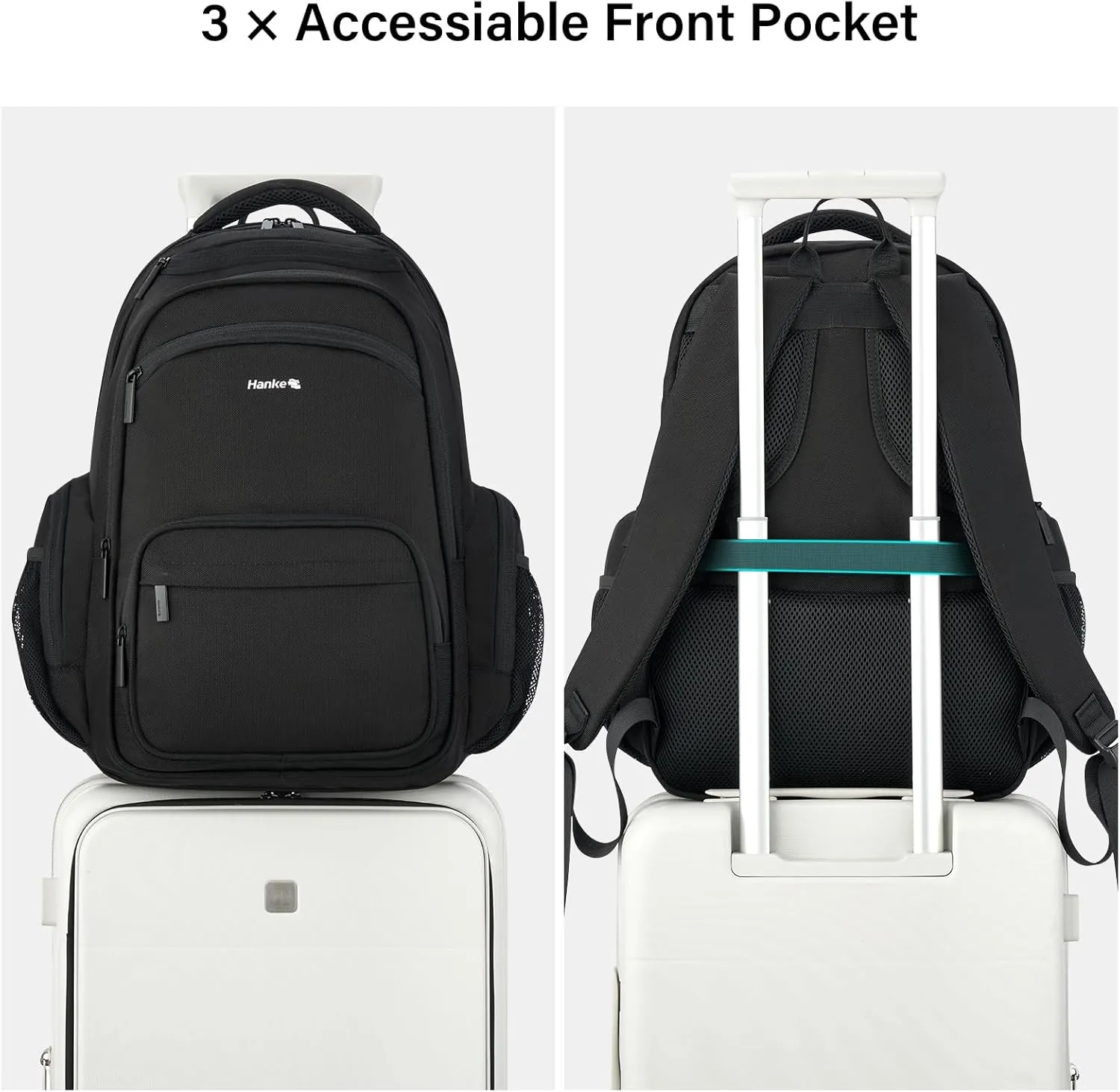 Hanke 18 Inch Travel Laptop Backpack for Women Men, Multi Pockets Personal Item Backpack 18x14x8 Airline Approved, Lightweight Work Backpack with Luggage Strap, Overnight Weekender Bag(Black)