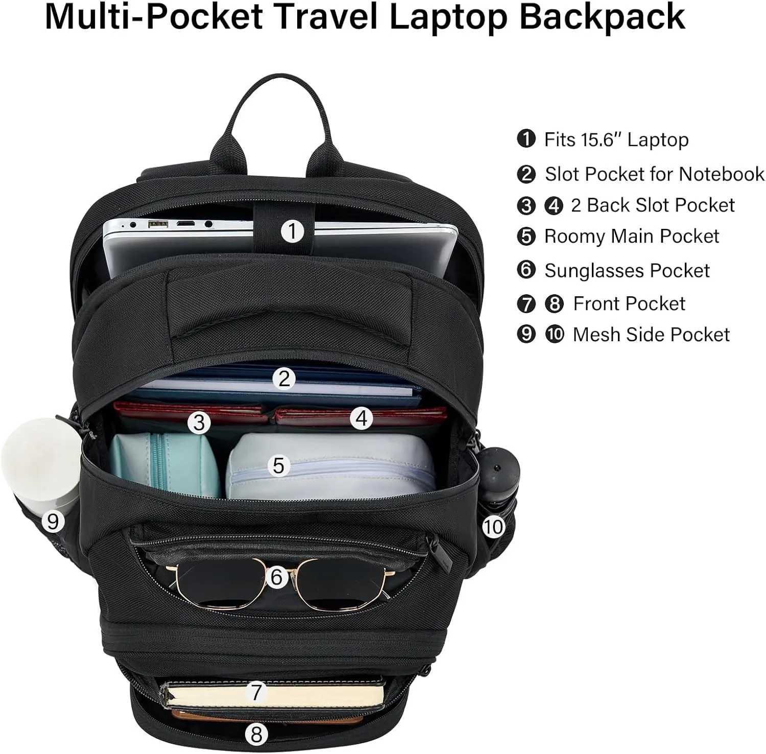 Hanke 18 Inch Travel Laptop Backpack for Women Men, Multi Pockets Personal Item Backpack 18x14x8 Airline Approved, Lightweight Work Backpack with Luggage Strap, Overnight Weekender Bag(Black)