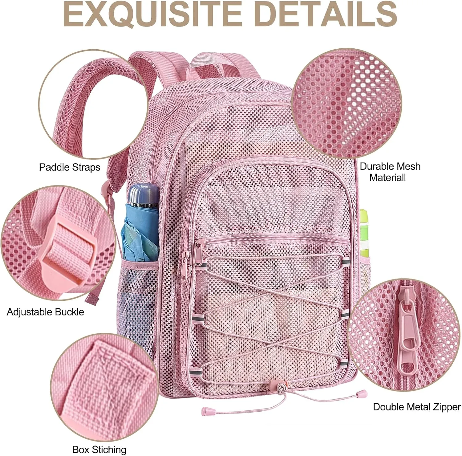 Heavy Duty Backpacks for Adults, See Through School Bags for Boys and Girls, Adjustable Straps Mesh Bags for Swimming (Pink)