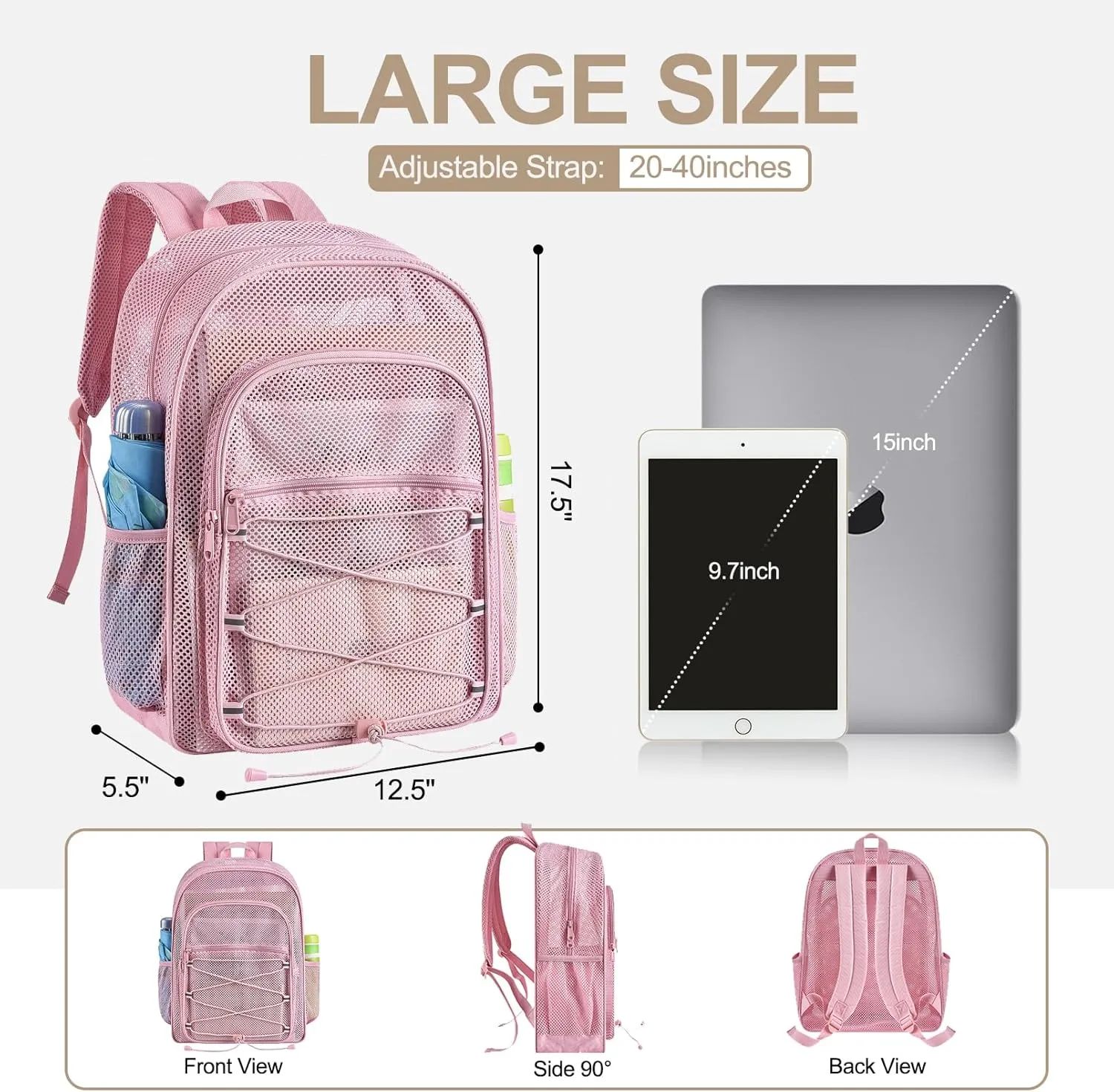 Heavy Duty Backpacks for Adults, See Through School Bags for Boys and Girls, Adjustable Straps Mesh Bags for Swimming (Pink)