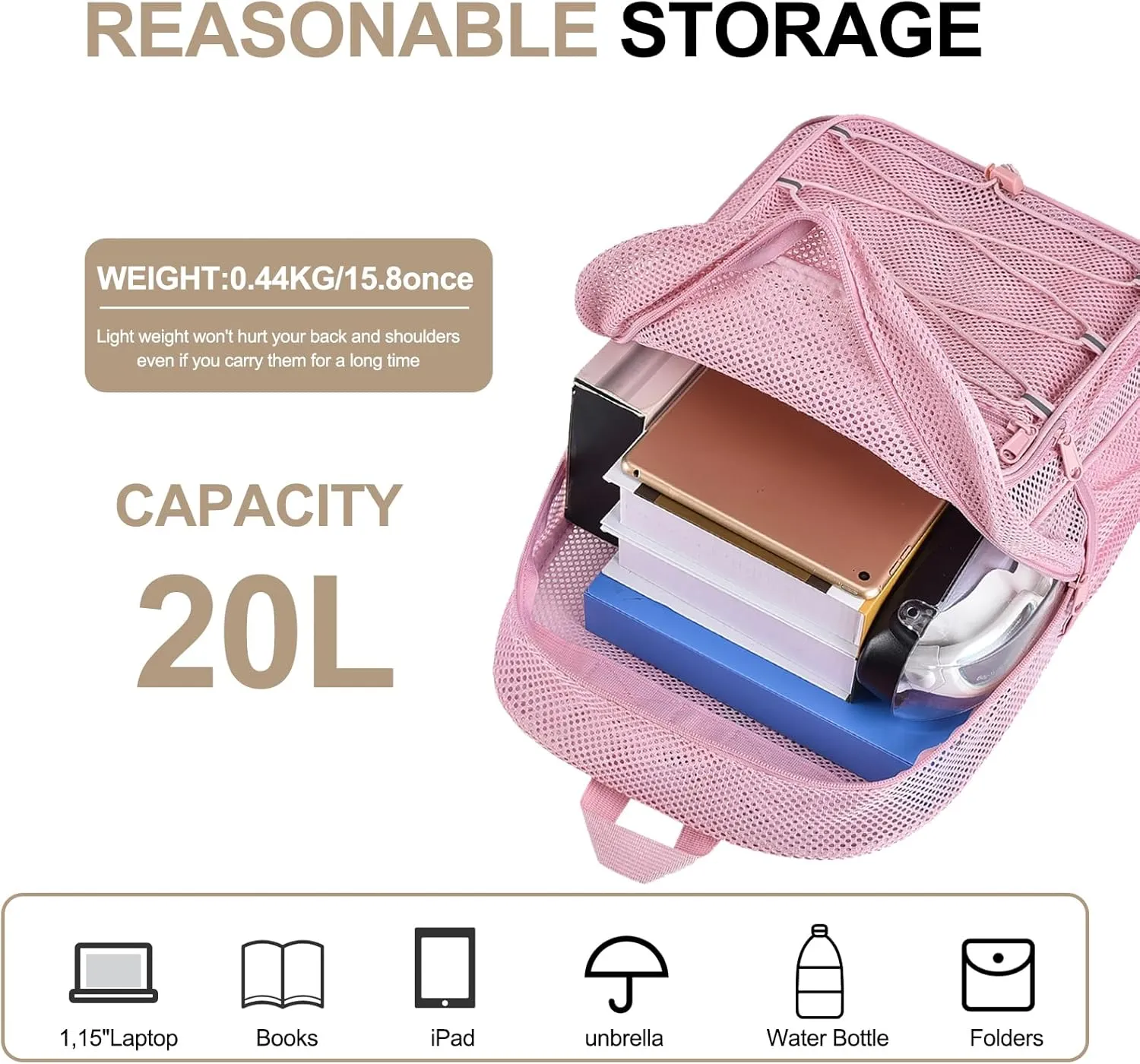 Heavy Duty Backpacks for Adults, See Through School Bags for Boys and Girls, Adjustable Straps Mesh Bags for Swimming (Pink)
