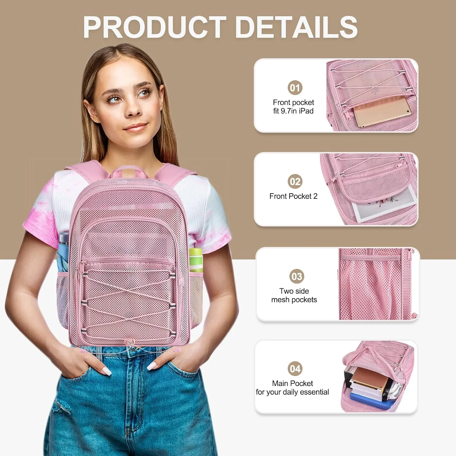 Heavy Duty Backpacks for Adults, See Through School Bags for Boys and Girls, Adjustable Straps Mesh Bags for Swimming (Pink)