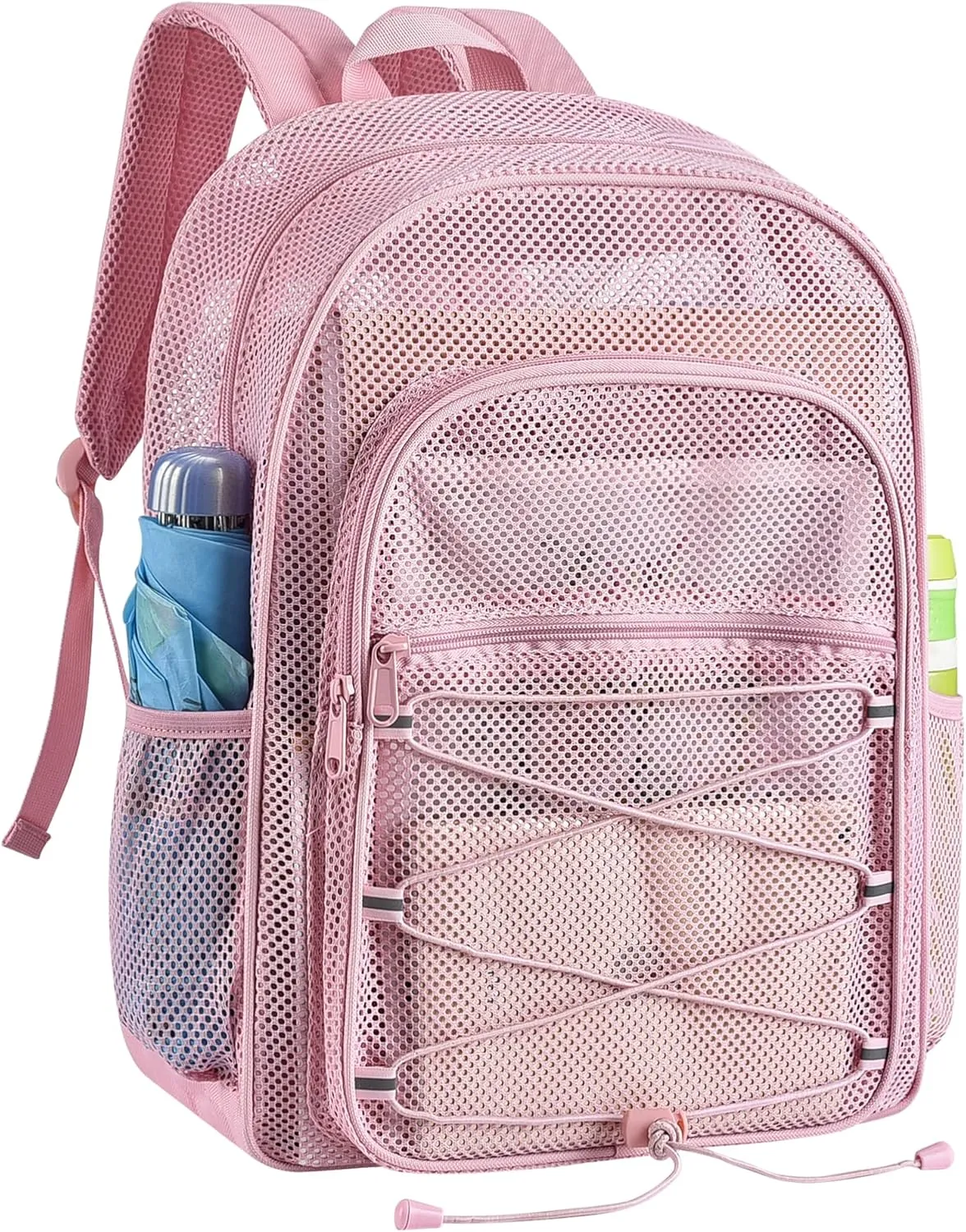 Heavy Duty Backpacks for Adults, See Through School Bags for Boys and Girls, Adjustable Straps Mesh Bags for Swimming (Pink)