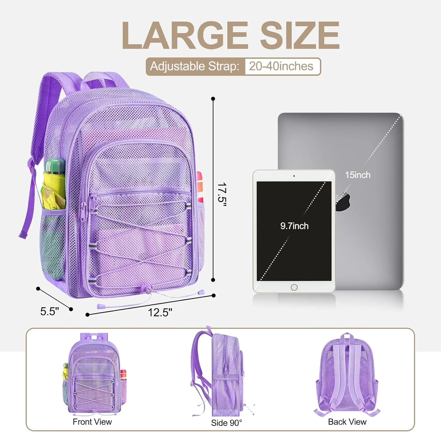 Heavy Duty Mesh Backpacks for Adults, See Through Backpack with Adjustable Straps, Mesh Bags for Swimming(Purple)
