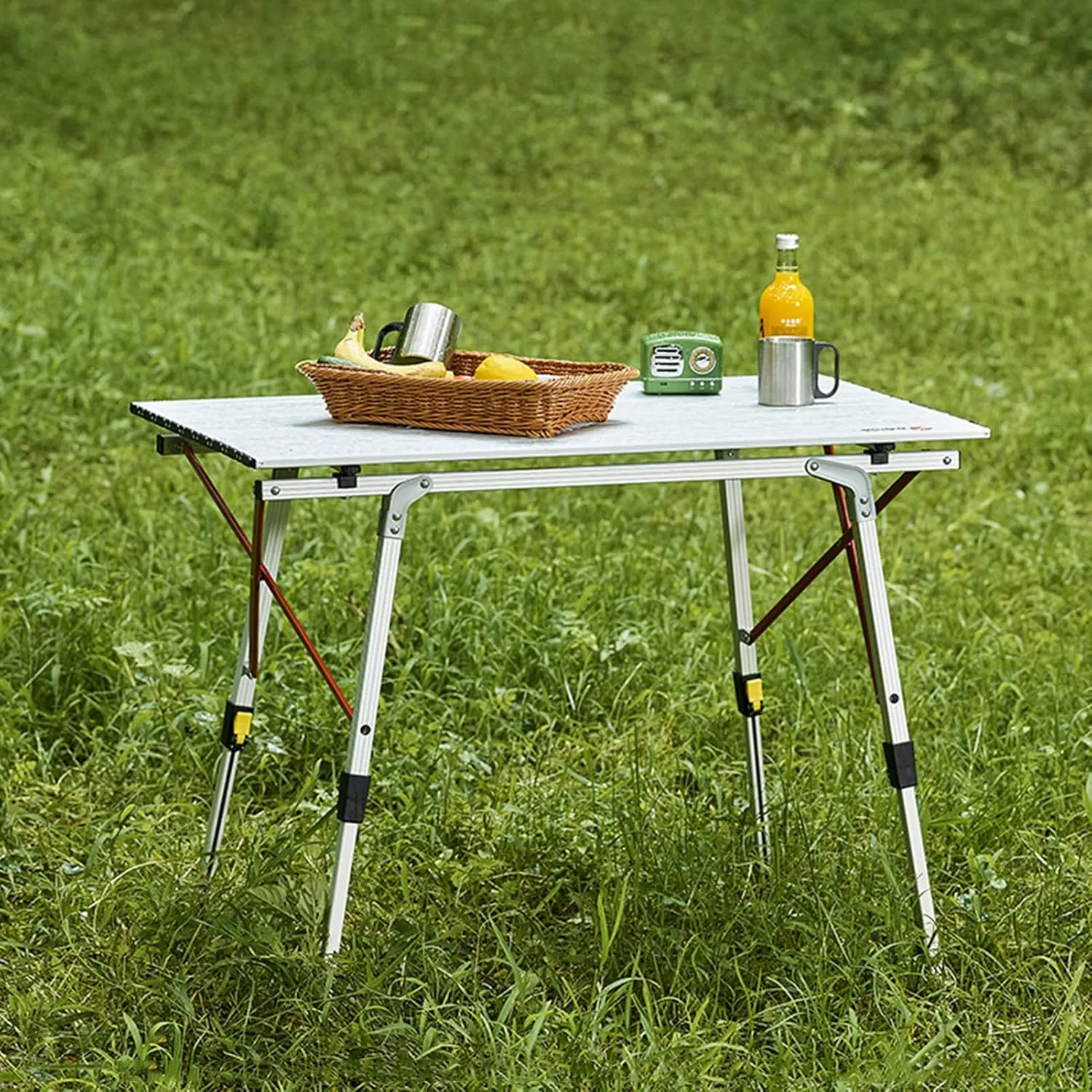 Height Adjustable Folding Camping Table,Aluminum Folding Roll Up Camp Table with Mesh Layer,Outdoor Lightweight Camp Side Table for Picnic,Travel,Backyards Party