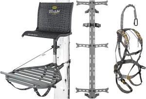 Helium Kickback LVL Hang-On Tree Stand w/Footrest, 26.5" x 31.5" Platform, Set of 3 Climbing Sticks & Muddy Ambush Padded Safety Harness