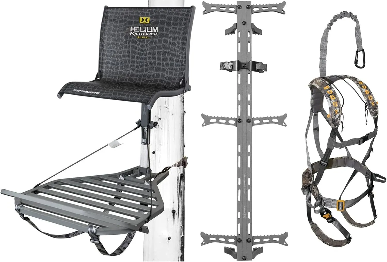Helium Kickback LVL Hang-On Tree Stand w/Footrest, 26.5" x 31.5" Platform, Set of 3 Climbing Sticks & Muddy Ambush Padded Safety Harness