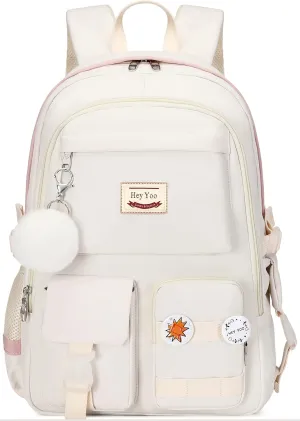 Hey Yoo Backpack for Girls Bookbag Cute School Bag College Middle High Elementary School Backpack for Teen Girls (White)