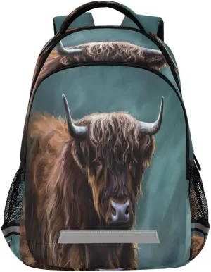 Highland Cow Calf Cattle Backpack Lightweight Shoulder Bag, Animal Laptop Backpack Casual Daypack with Safe Reflective Stripes for Daily Hiking Camping