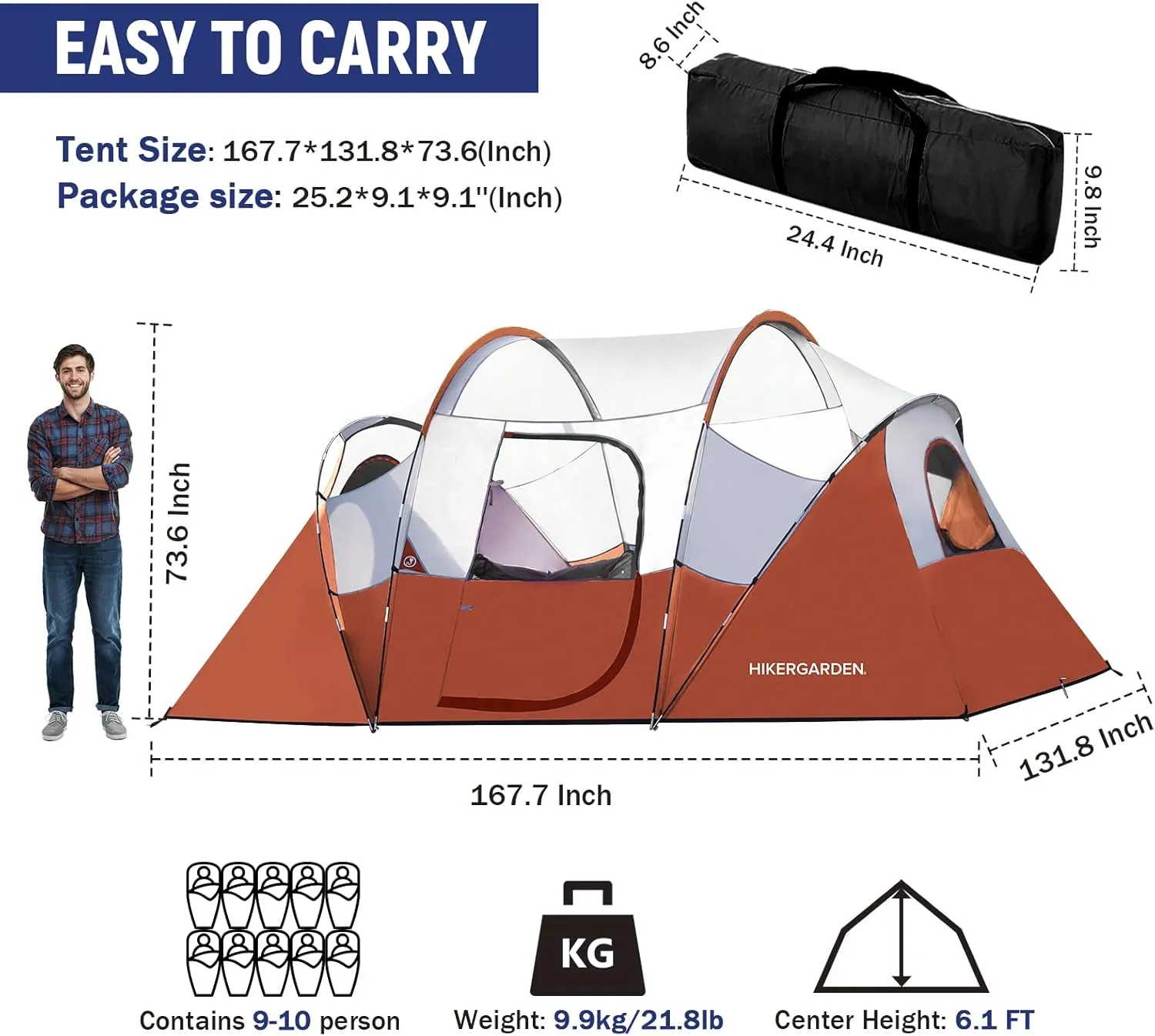 HIKERGARDEN 10 Person Camping Tent - Portable Easy Set Up Family Tent for Camp, Windproof Fabric Dome Tent Outdoor for Hiking, Backpacking, Traveling-14'x11'x74in(H)