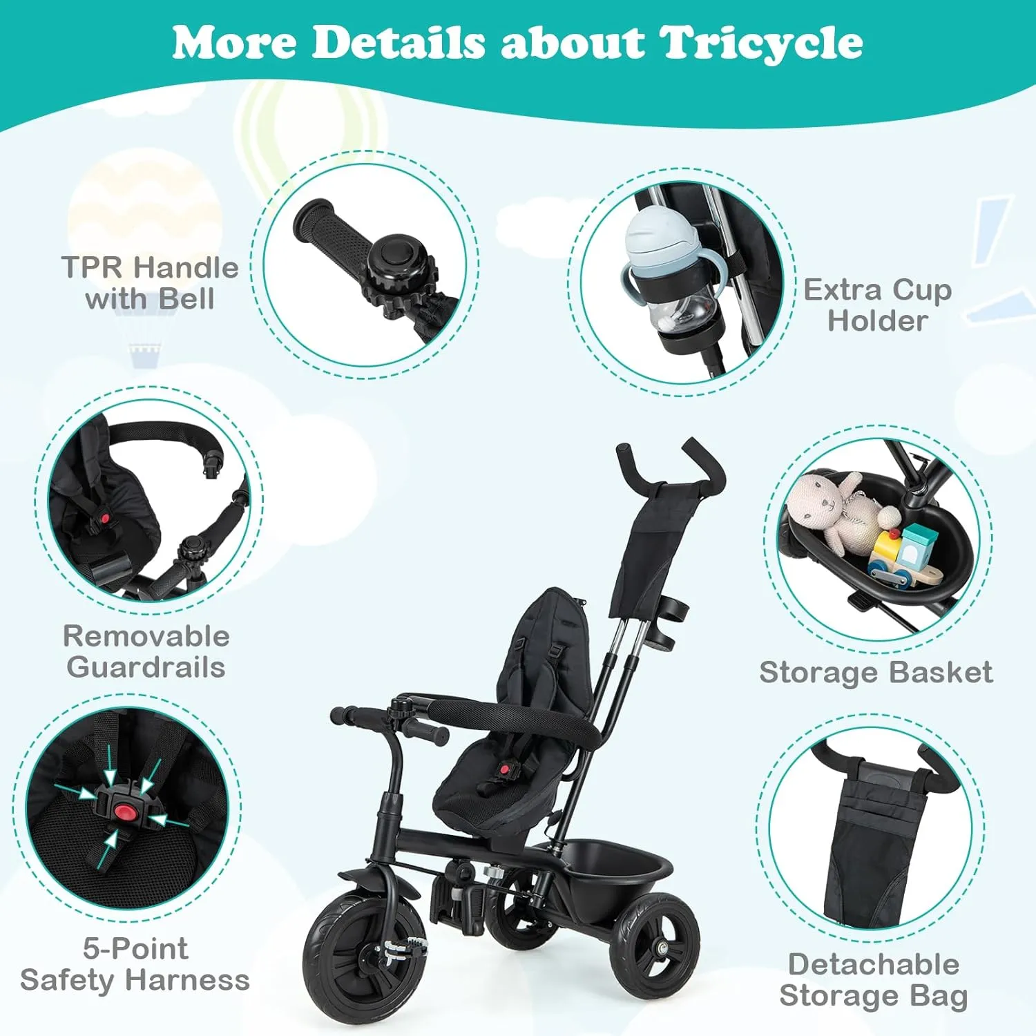 HONEY JOY Tricycle, Kids Trike Stroller w/Adjustable Push Handle & Canopy, Reversible Seat, Safety Belt, Folding Pedal, Cup Holder, Storage, Push Tricycle for Toddlers 9 Months-5 Years (Black)