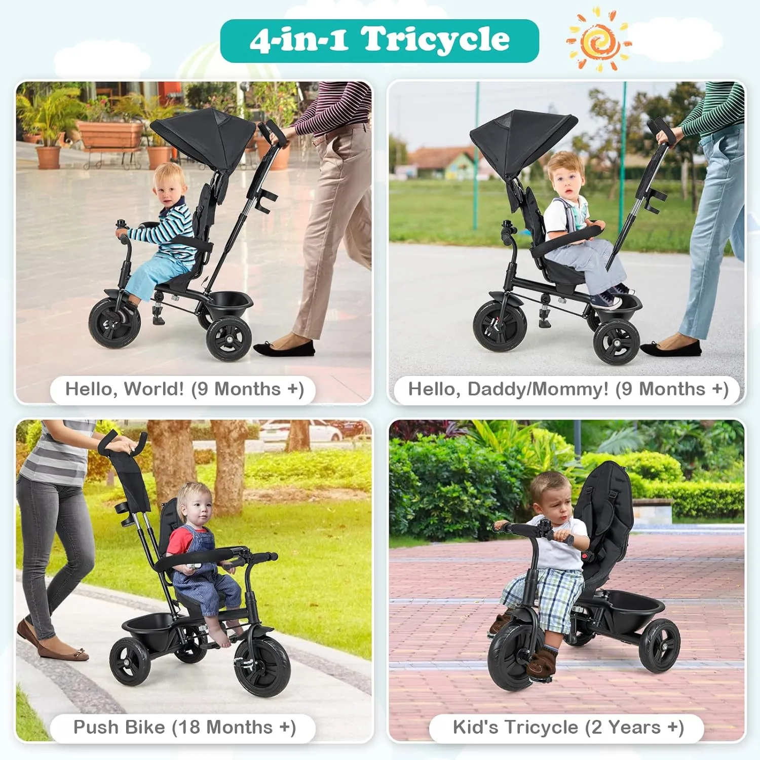 HONEY JOY Tricycle, Kids Trike Stroller w/Adjustable Push Handle & Canopy, Reversible Seat, Safety Belt, Folding Pedal, Cup Holder, Storage, Push Tricycle for Toddlers 9 Months-5 Years (Black)