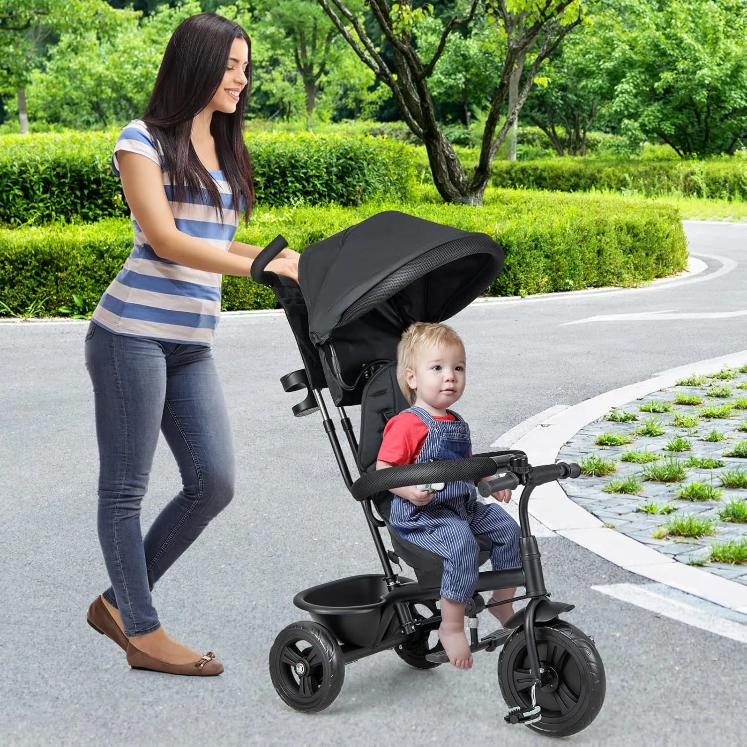HONEY JOY Tricycle, Kids Trike Stroller w/Adjustable Push Handle & Canopy, Reversible Seat, Safety Belt, Folding Pedal, Cup Holder, Storage, Push Tricycle for Toddlers 9 Months-5 Years (Black)