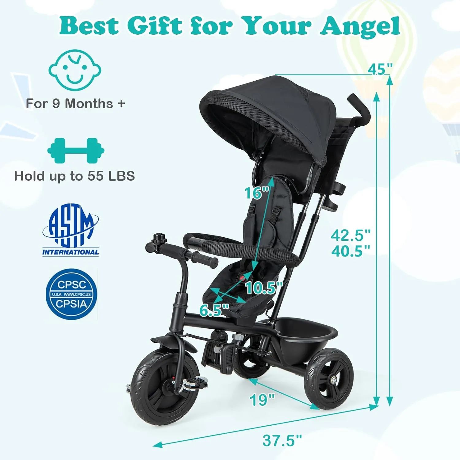 HONEY JOY Tricycle, Kids Trike Stroller w/Adjustable Push Handle & Canopy, Reversible Seat, Safety Belt, Folding Pedal, Cup Holder, Storage, Push Tricycle for Toddlers 9 Months-5 Years (Black)
