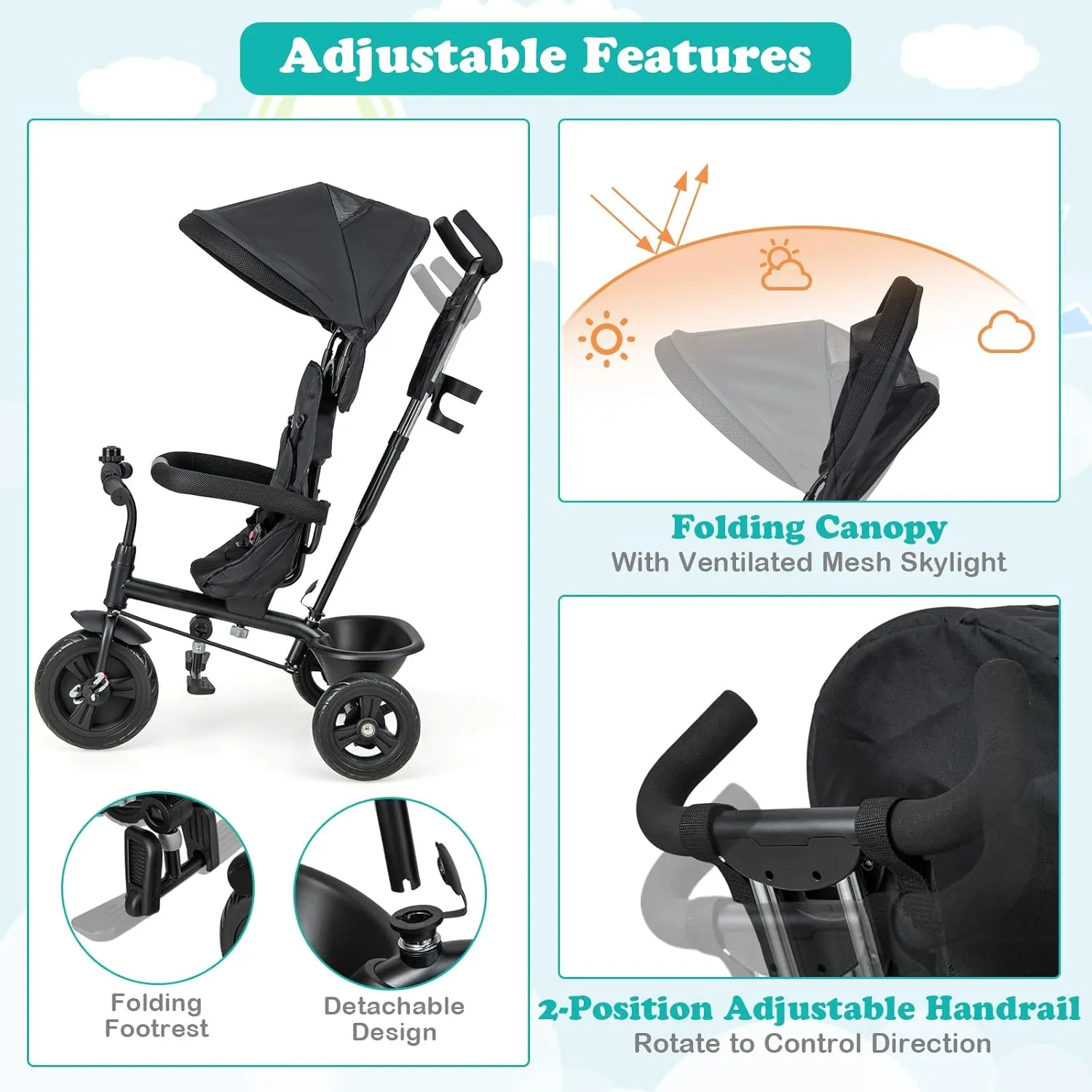 HONEY JOY Tricycle, Kids Trike Stroller w/Adjustable Push Handle & Canopy, Reversible Seat, Safety Belt, Folding Pedal, Cup Holder, Storage, Push Tricycle for Toddlers 9 Months-5 Years (Black)
