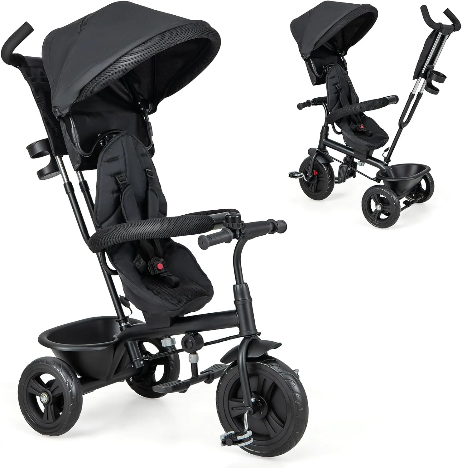 HONEY JOY Tricycle, Kids Trike Stroller w/Adjustable Push Handle & Canopy, Reversible Seat, Safety Belt, Folding Pedal, Cup Holder, Storage, Push Tricycle for Toddlers 9 Months-5 Years (Black)