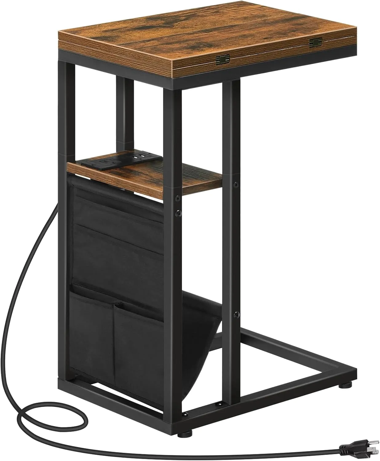HOOBRO Foldable End Table with Charging Station, C Shaped Side Table with Storage Bag, Slide Under Sofa Couch Table for Small Spaces in Living Room, Bedroom, Easy Assembly, Rustic Brown BF101USF01