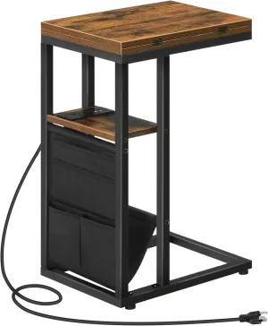 HOOBRO Foldable End Table with Charging Station, C Shaped Side Table with Storage Bag, Slide Under Sofa Couch Table for Small Spaces in Living Room, Bedroom, Easy Assembly, Rustic Brown BF101USF01