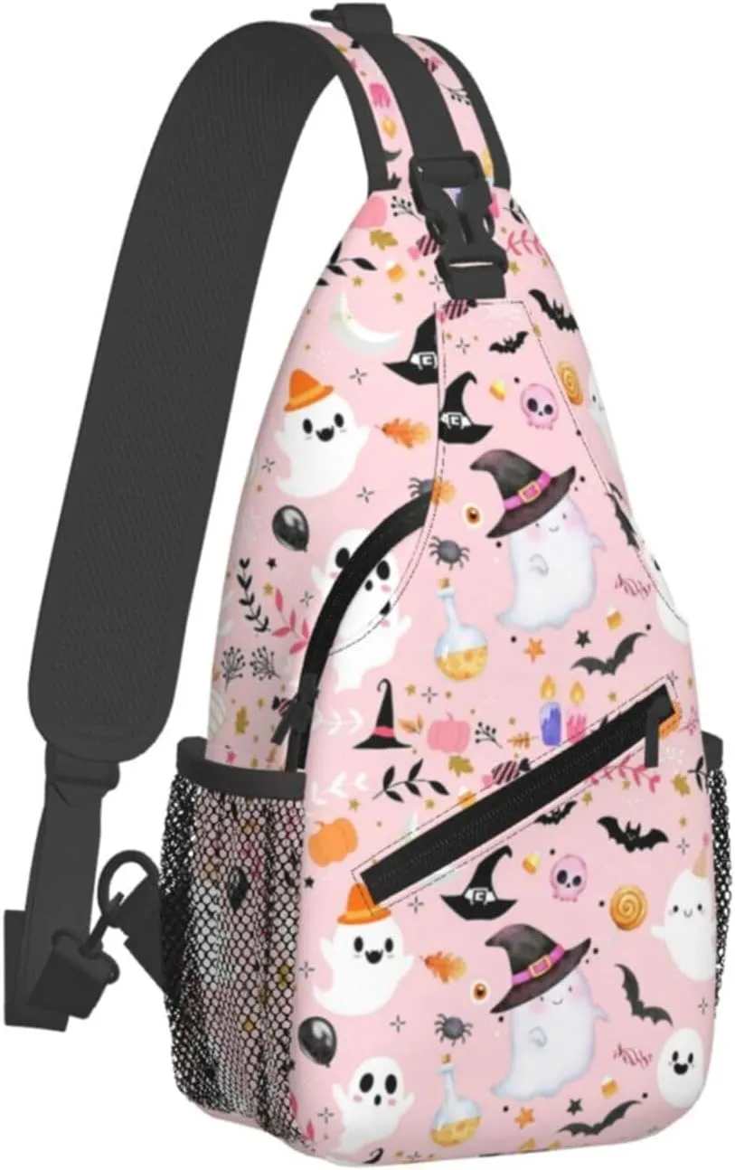 Horror Halloween Sling Backpack,Cute Ghost Pumpkin Crossbody Shoulder Backpack Adjustable Sling Bag for Men Women