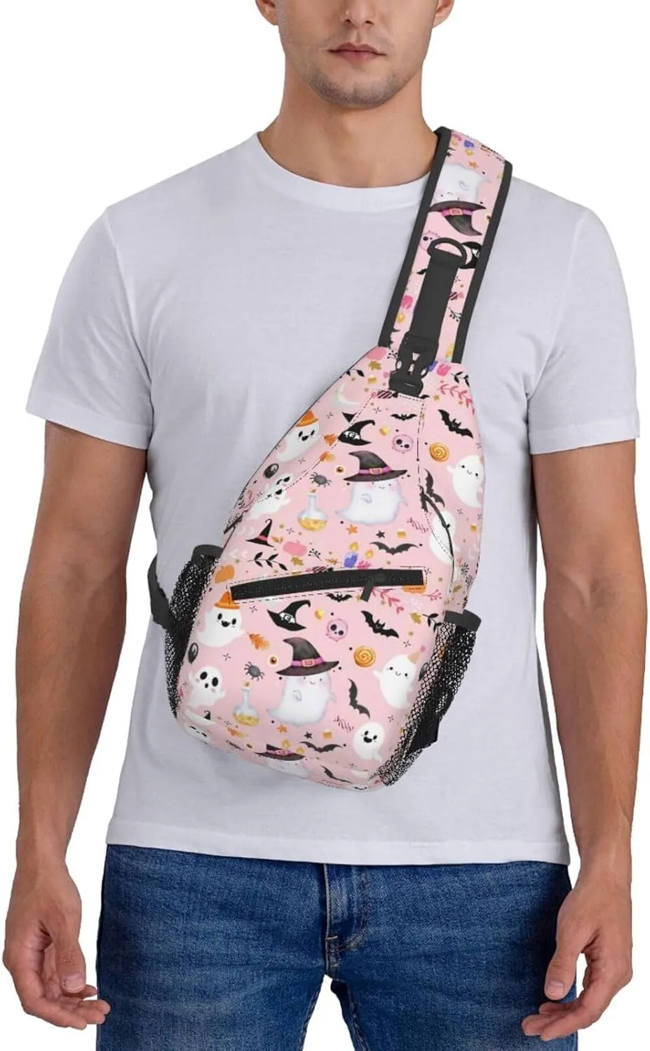 Horror Halloween Sling Backpack,Cute Ghost Pumpkin Crossbody Shoulder Backpack Adjustable Sling Bag for Men Women