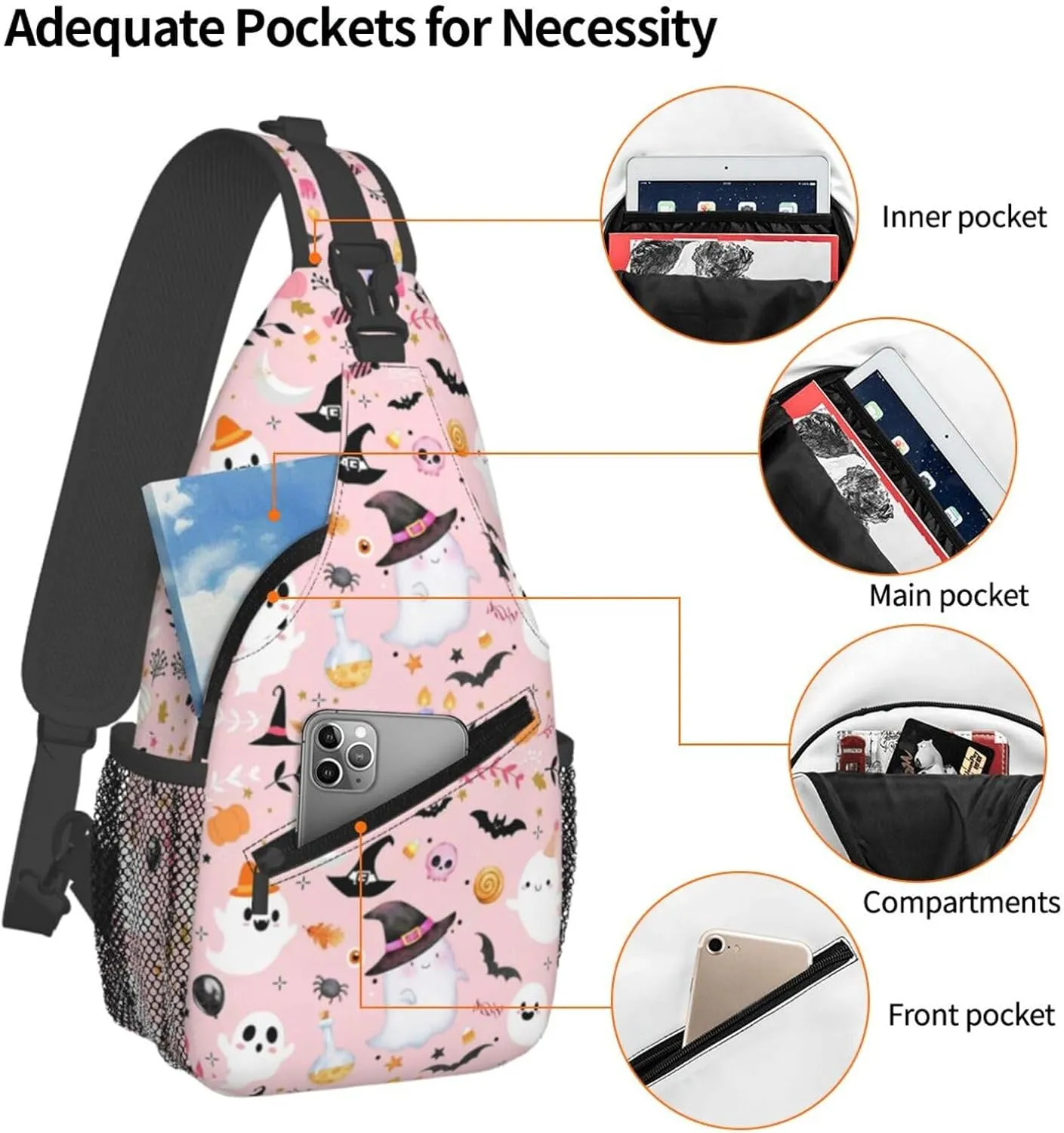 Horror Halloween Sling Backpack,Cute Ghost Pumpkin Crossbody Shoulder Backpack Adjustable Sling Bag for Men Women