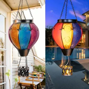 Hot Air Balloon Solar Lantern with Candle Holder Solar Hot Air Balloon Flickering Flame Hanging Garden Light Waterproof Glass Hot Air Balloon Solar Lamp Decorative for Lawn Porch Tree Yard