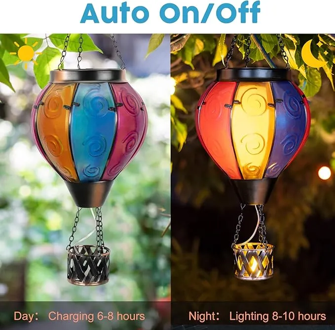 Hot Air Balloon Solar Lantern with Candle Holder Solar Hot Air Balloon Flickering Flame Hanging Garden Light Waterproof Glass Hot Air Balloon Solar Lamp Decorative for Lawn Porch Tree Yard