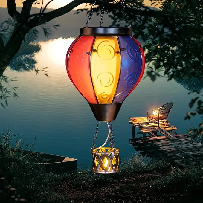 Hot Air Balloon Solar Lantern with Candle Holder Solar Hot Air Balloon Flickering Flame Hanging Garden Light Waterproof Glass Hot Air Balloon Solar Lamp Decorative for Lawn Porch Tree Yard
