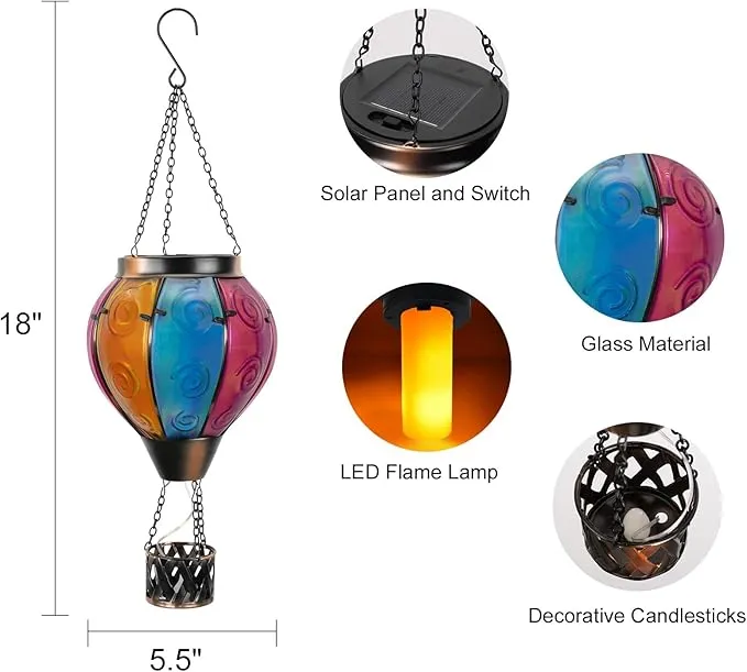 Hot Air Balloon Solar Lantern with Candle Holder Solar Hot Air Balloon Flickering Flame Hanging Garden Light Waterproof Glass Hot Air Balloon Solar Lamp Decorative for Lawn Porch Tree Yard