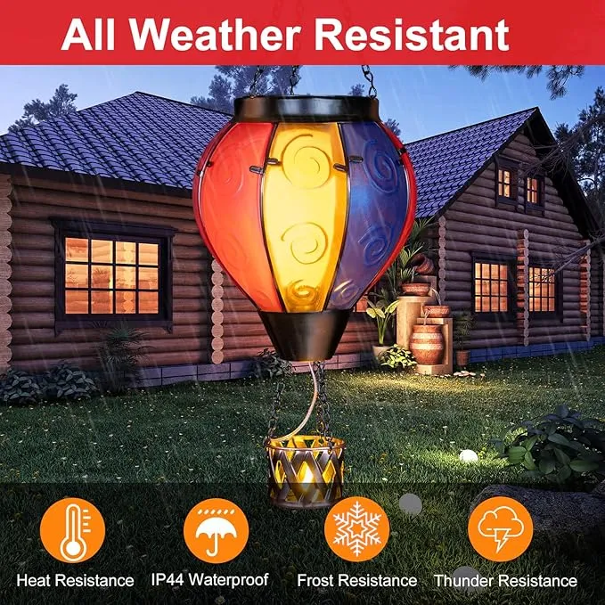 Hot Air Balloon Solar Lantern with Candle Holder Solar Hot Air Balloon Flickering Flame Hanging Garden Light Waterproof Glass Hot Air Balloon Solar Lamp Decorative for Lawn Porch Tree Yard
