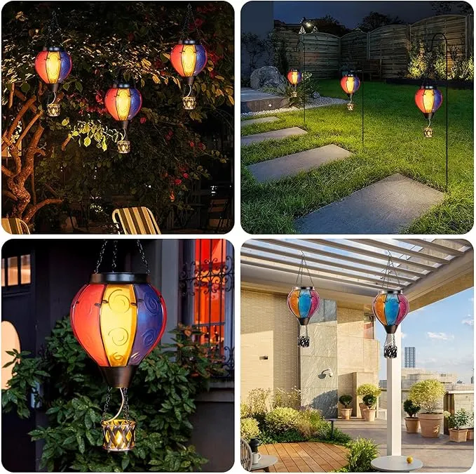 Hot Air Balloon Solar Lantern with Candle Holder Solar Hot Air Balloon Flickering Flame Hanging Garden Light Waterproof Glass Hot Air Balloon Solar Lamp Decorative for Lawn Porch Tree Yard