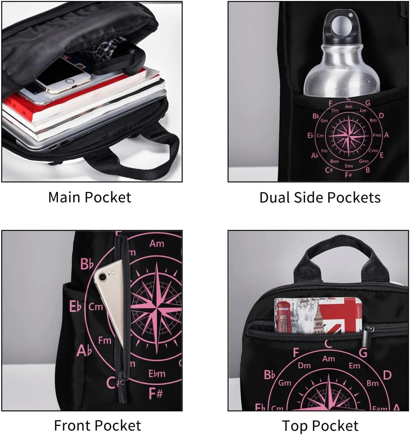 Hot Pink Fifths Music Circle Compass Casual Backpacks Large Capacity Laptop Backpack Sports Rucksack Travel Daypack Adjustable Shoulder Strap Work Bag for Outdoor Camping