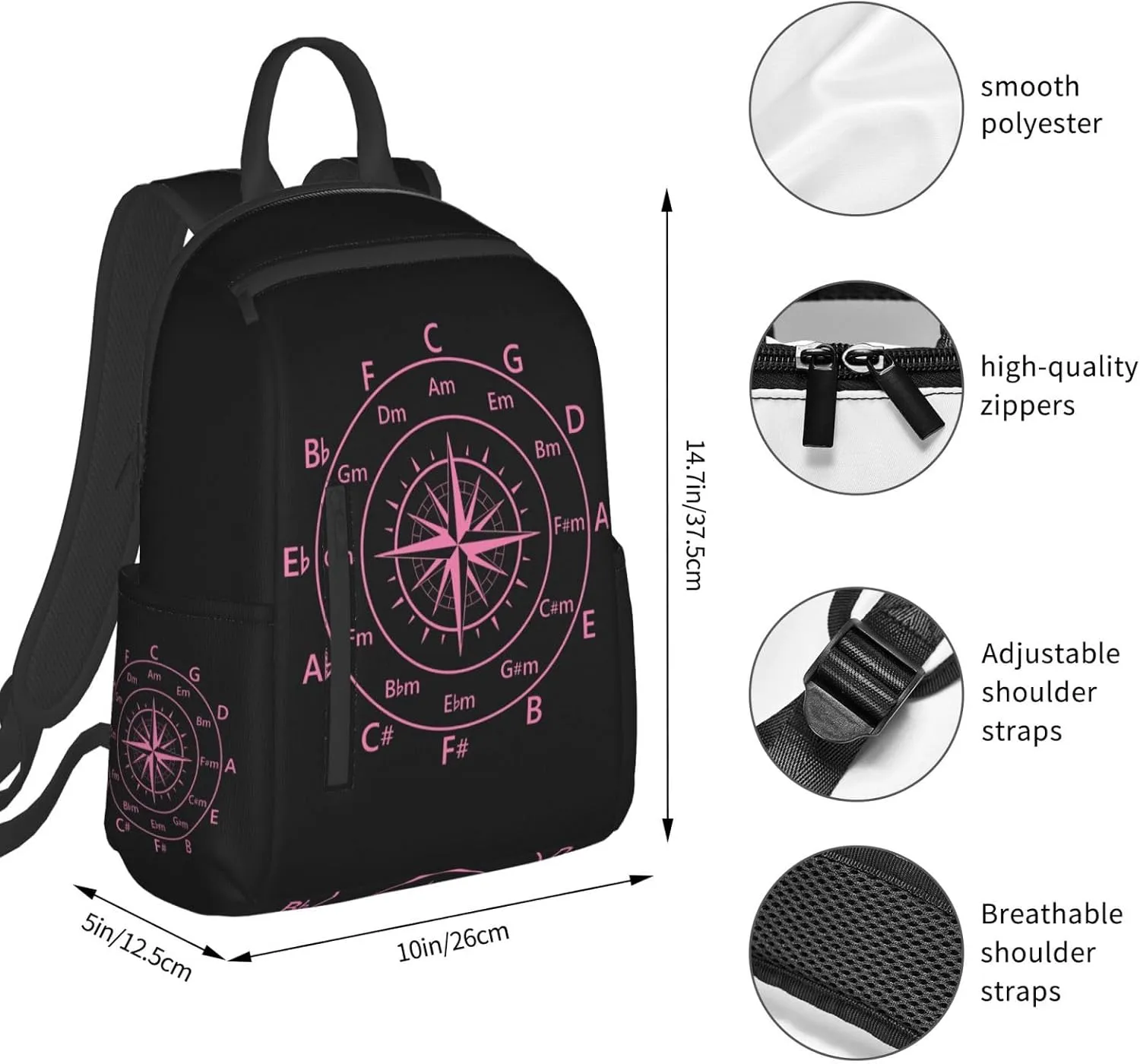 Hot Pink Fifths Music Circle Compass Casual Backpacks Large Capacity Laptop Backpack Sports Rucksack Travel Daypack Adjustable Shoulder Strap Work Bag for Outdoor Camping