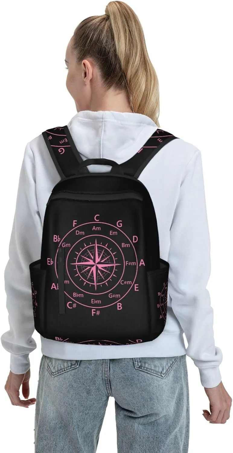 Hot Pink Fifths Music Circle Compass Casual Backpacks Large Capacity Laptop Backpack Sports Rucksack Travel Daypack Adjustable Shoulder Strap Work Bag for Outdoor Camping