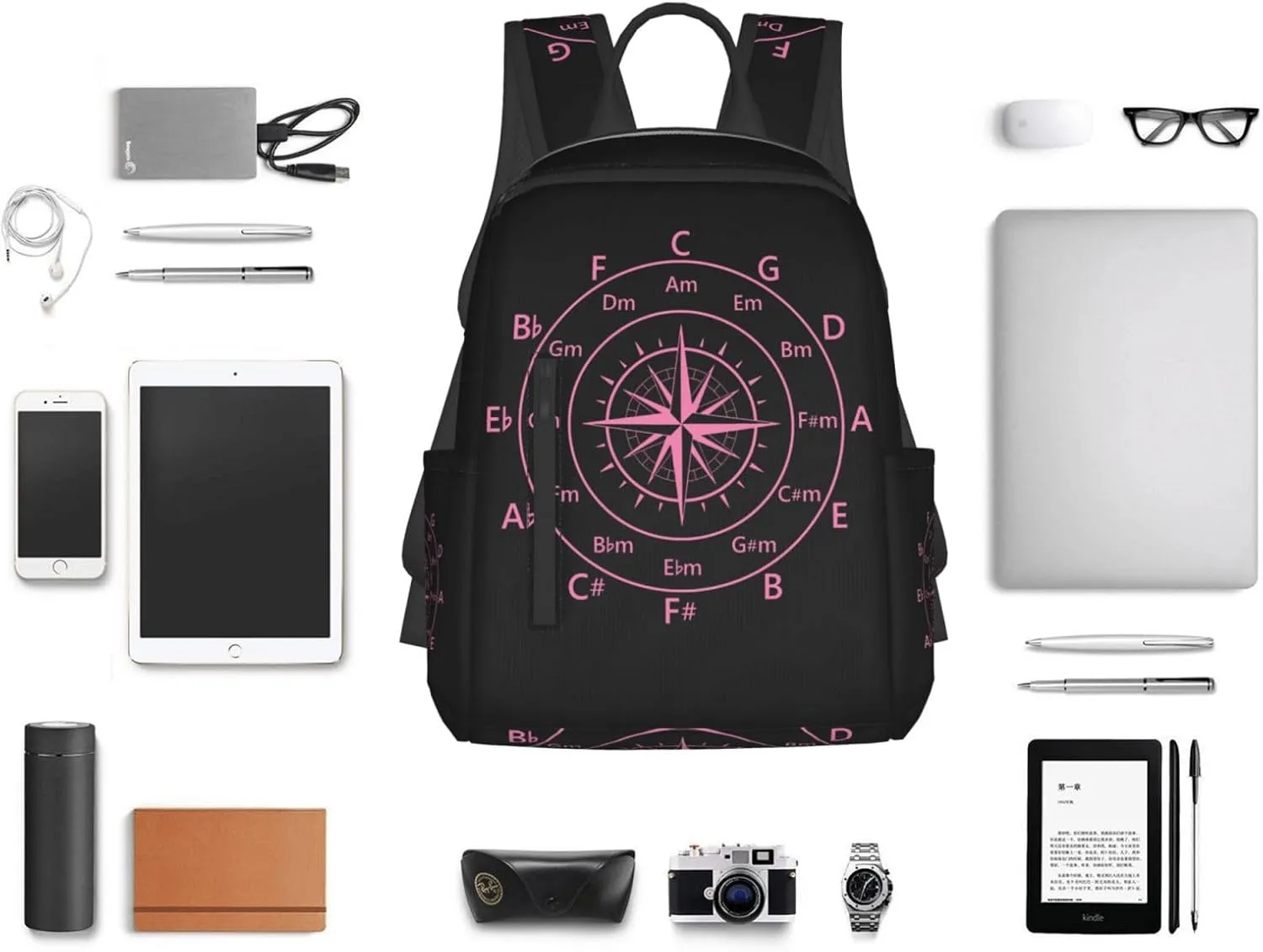 Hot Pink Fifths Music Circle Compass Casual Backpacks Large Capacity Laptop Backpack Sports Rucksack Travel Daypack Adjustable Shoulder Strap Work Bag for Outdoor Camping