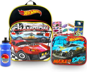 Hot Wheels Backpack with Lunchbox Set for Boys Kids ~ 2 Pc Bundle with Deluxe 16" Hot Wheels Racecar Backpack and Insulated Lunch Bag with Stickers, Tattoos, and More (Hot Wheels School Supplies)