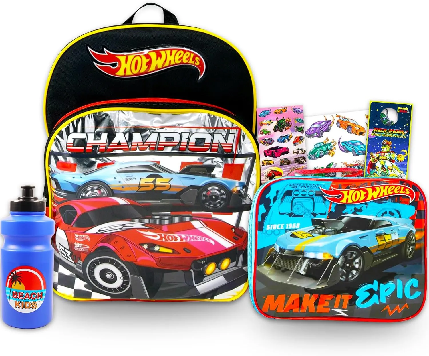 Hot Wheels Backpack with Lunchbox Set for Boys Kids ~ 2 Pc Bundle with Deluxe 16" Hot Wheels Racecar Backpack and Insulated Lunch Bag with Stickers, Tattoos, and More (Hot Wheels School Supplies)