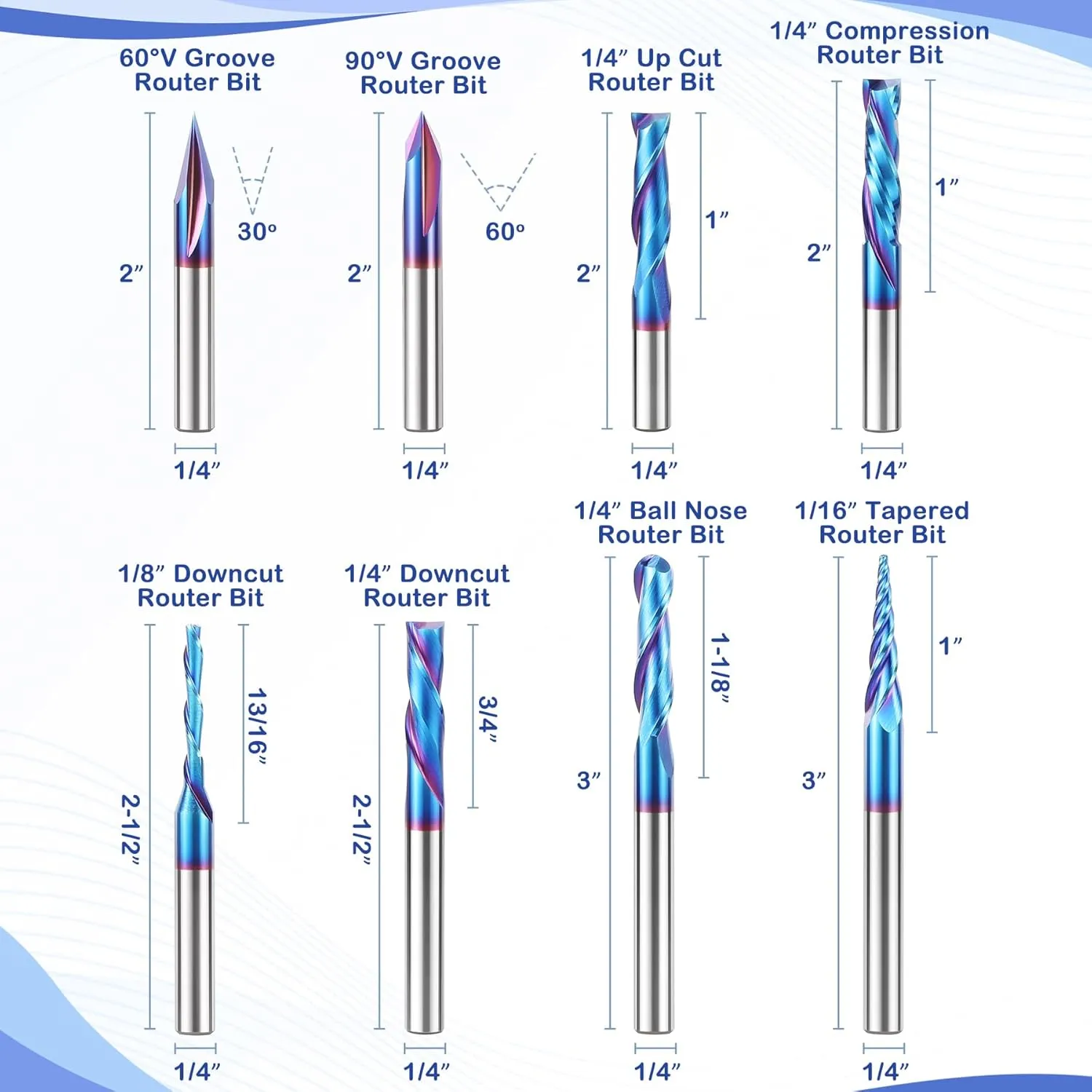 HQMaster CNC Router Bits 1/4 Inch Shank Carving Bit 8 Pcs Set for Wood Detail Profile V Groove Engraving Solid Carbide CNC Router Bit Collection