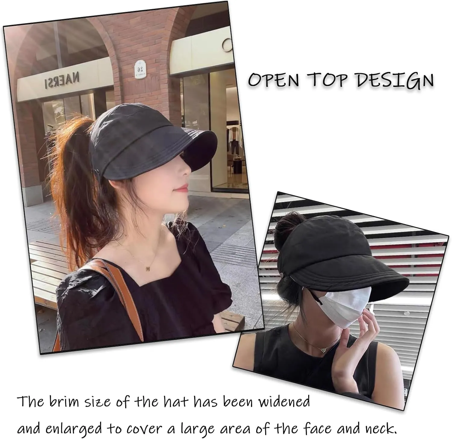 huablo]Women Visor Ponytail Sun Hat Wide Brim Hat Packable Visor Outdoor Uv Protection Empty Top