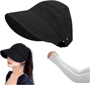 huablo]Women Visor Ponytail Sun Hat Wide Brim Hat Packable Visor Outdoor Uv Protection Empty Top