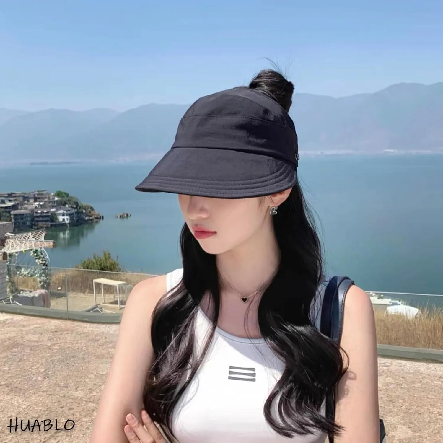 huablo]Women Visor Ponytail Sun Hat Wide Brim Hat Packable Visor Outdoor Uv Protection Empty Top