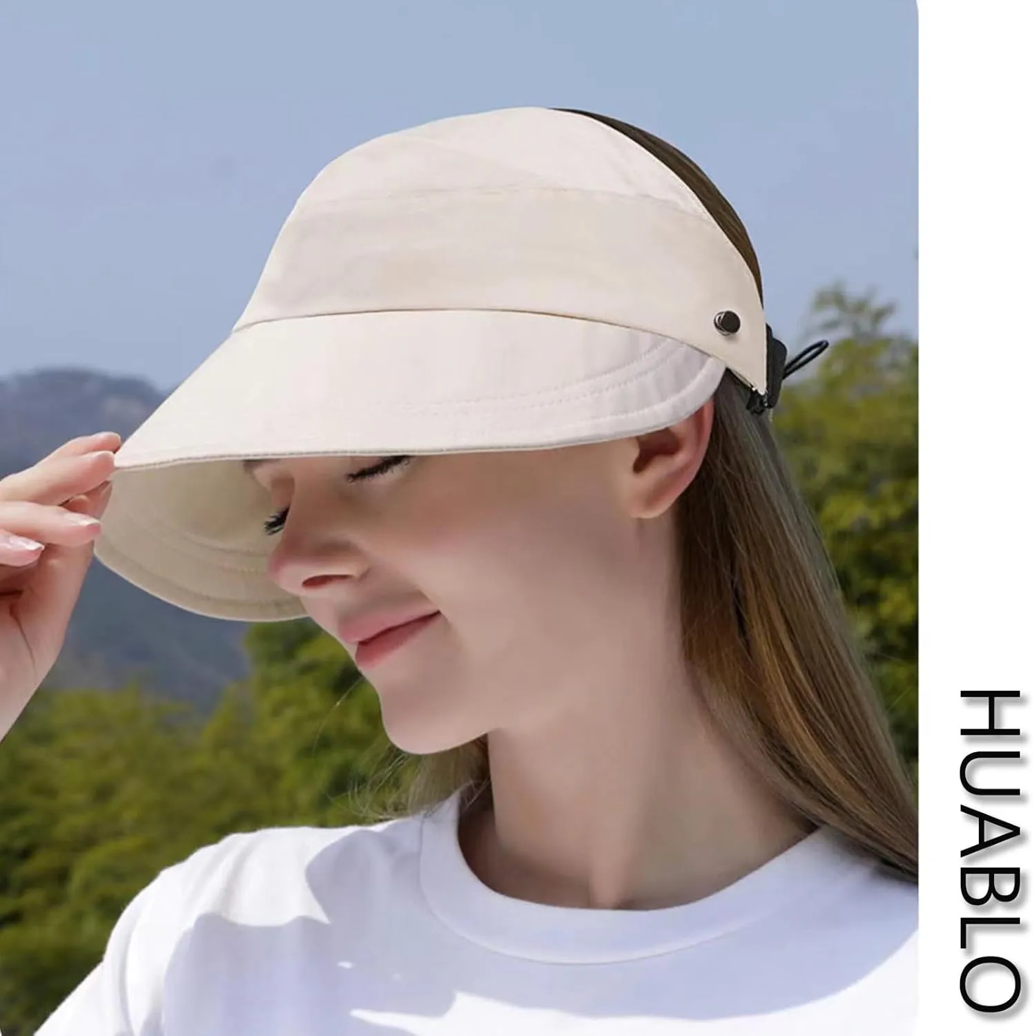 huablo]Women Visor Ponytail Sun Hat Wide Brim Hat Packable Visor Outdoor Uv Protection Empty Top