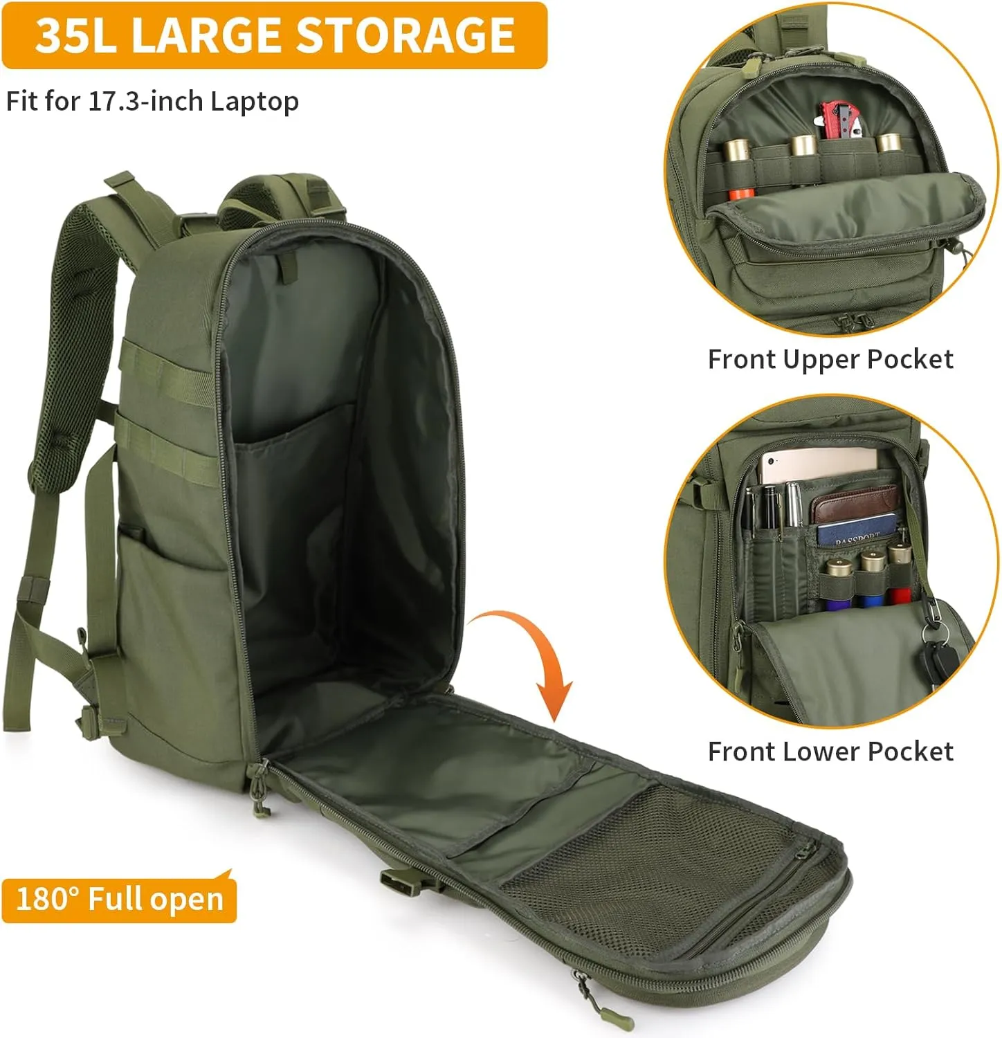 HUNTVP 35L Tactical Backpack Military MOLLE Bag Army Tactical Laptop Backpack 3 Day Pack 1000D Military Gear Camping Hiking Outdoor Rucksack with 15.6 inch Laptop Quick Access, Army Green