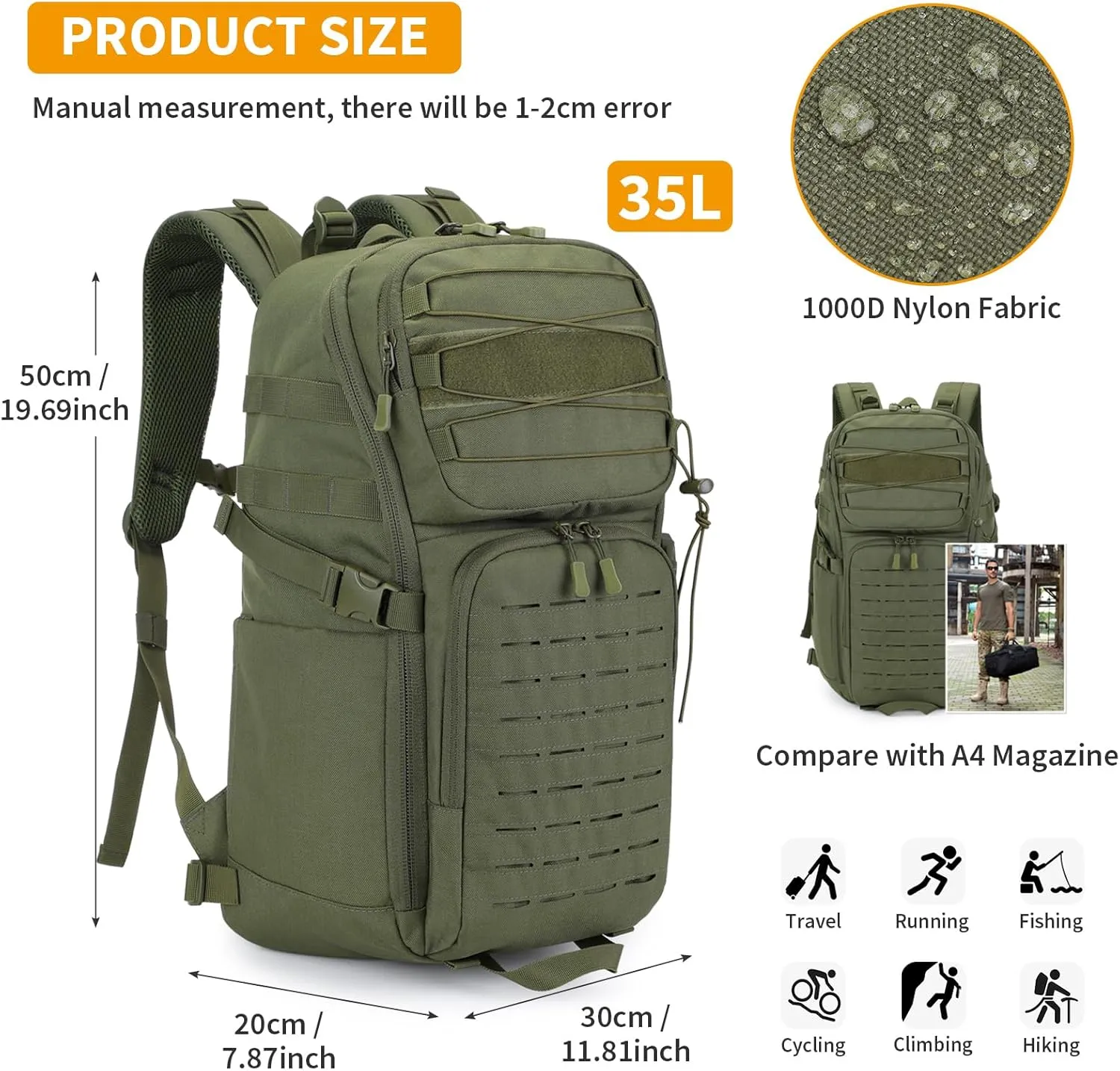 HUNTVP 35L Tactical Backpack Military MOLLE Bag Army Tactical Laptop Backpack 3 Day Pack 1000D Military Gear Camping Hiking Outdoor Rucksack with 15.6 inch Laptop Quick Access, Army Green