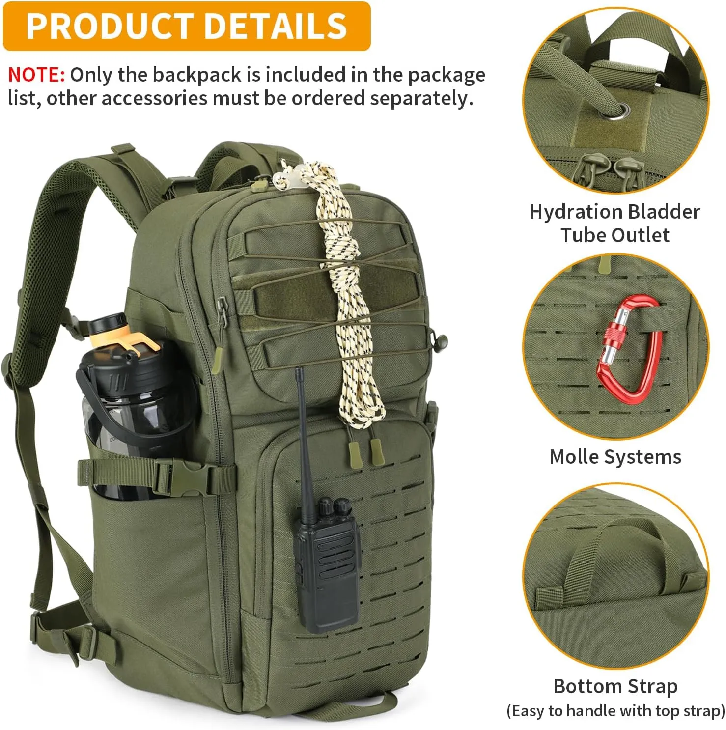 HUNTVP 35L Tactical Backpack Military MOLLE Bag Army Tactical Laptop Backpack 3 Day Pack 1000D Military Gear Camping Hiking Outdoor Rucksack with 15.6 inch Laptop Quick Access, Army Green