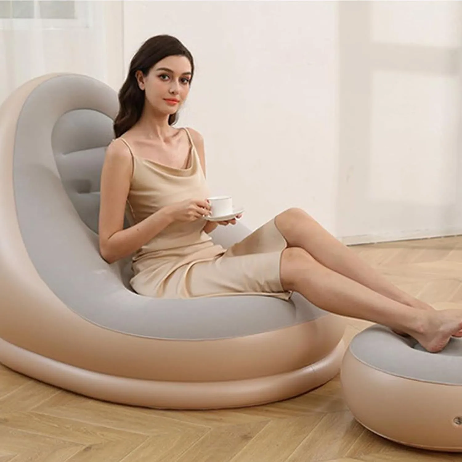 Inflatable Deck Chairs with Air Pump, Inflatable Patio Lounge Chairs for Indoor Living Room Bedroom, Outdoor Travel Camping Picnic Beach Chaise Lounges (Gray)